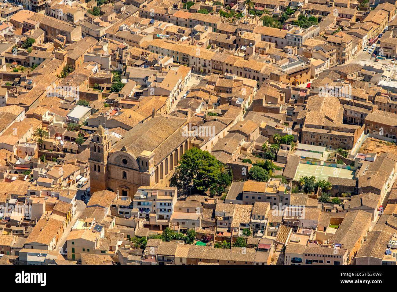 veduta aerea,vista della città di campos e cath. església de sant julià chiesa,campos,mallorca,isole baleari,spagna Foto Stock