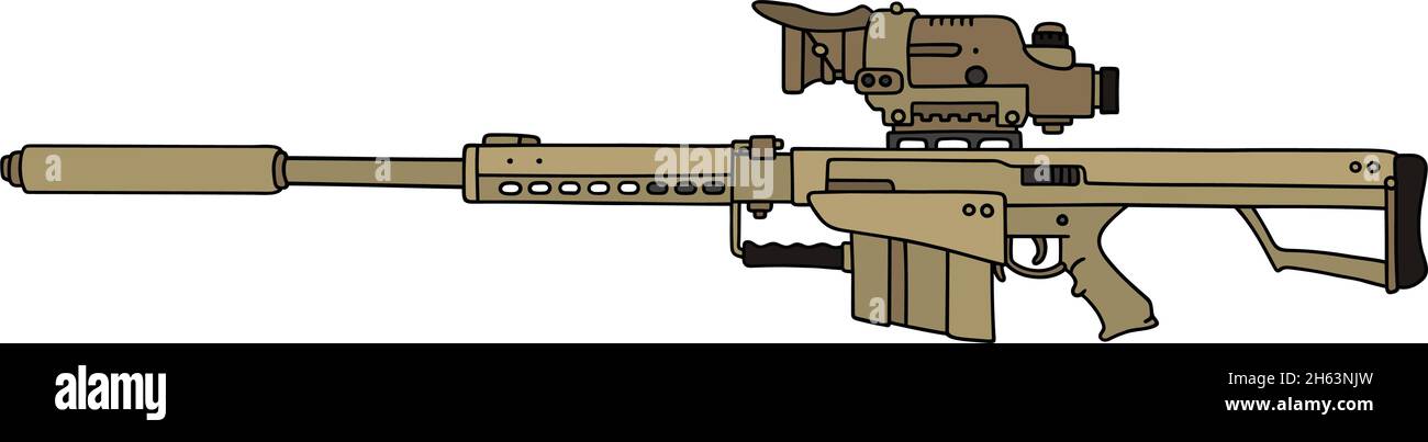 Il disegno a mano vettorizzato di un grande fucile da cecchino militare di sabbia Illustrazione Vettoriale
