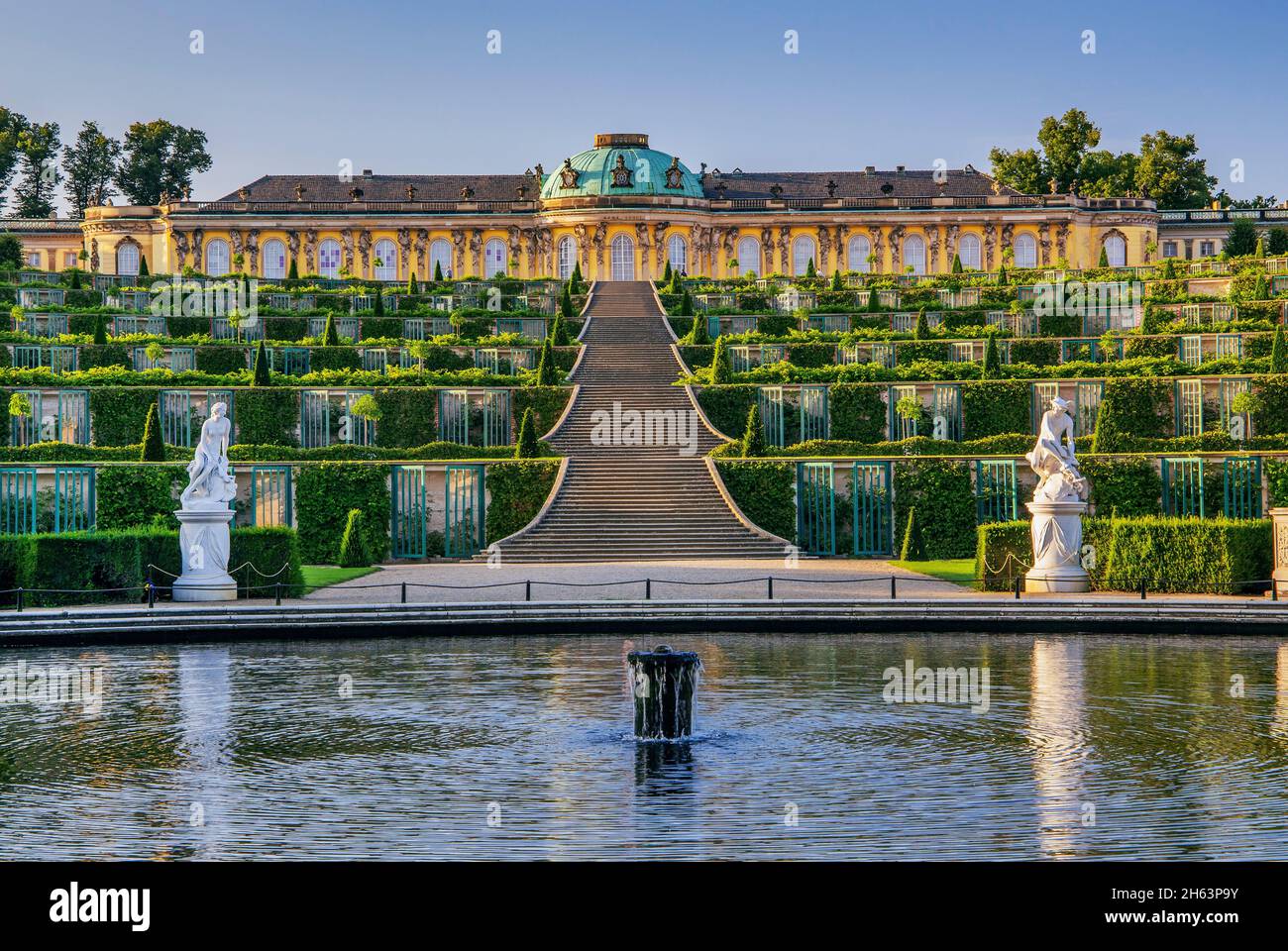 terrazze vigneto con palazzo sanssouci nei giardini del palazzo, potsdam, brandeburgo, germania Foto Stock