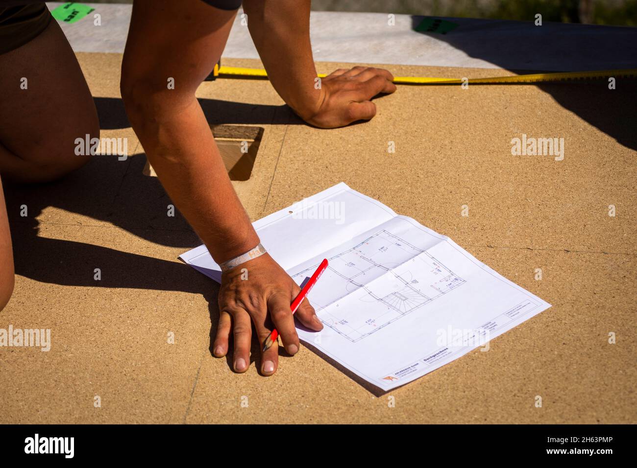 germania,baviera,costruzione di una casa di legno prefabbricata,carpentiere con il progetto, Foto Stock