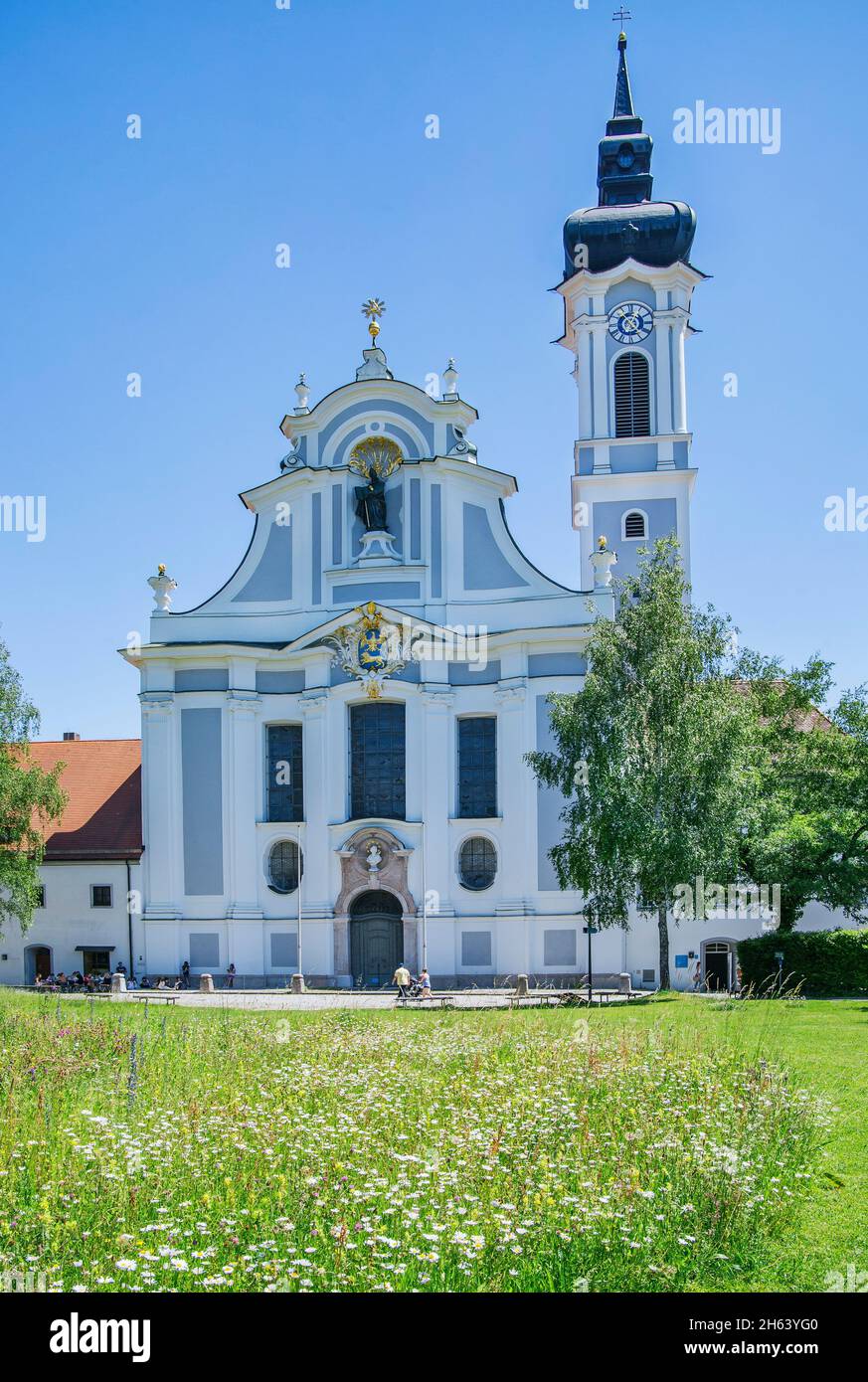 portale e torre della chiesa da marienmünster,diessen,ammersee,voralpensee,terra alpina,alta baviera,baviera,germania Foto Stock