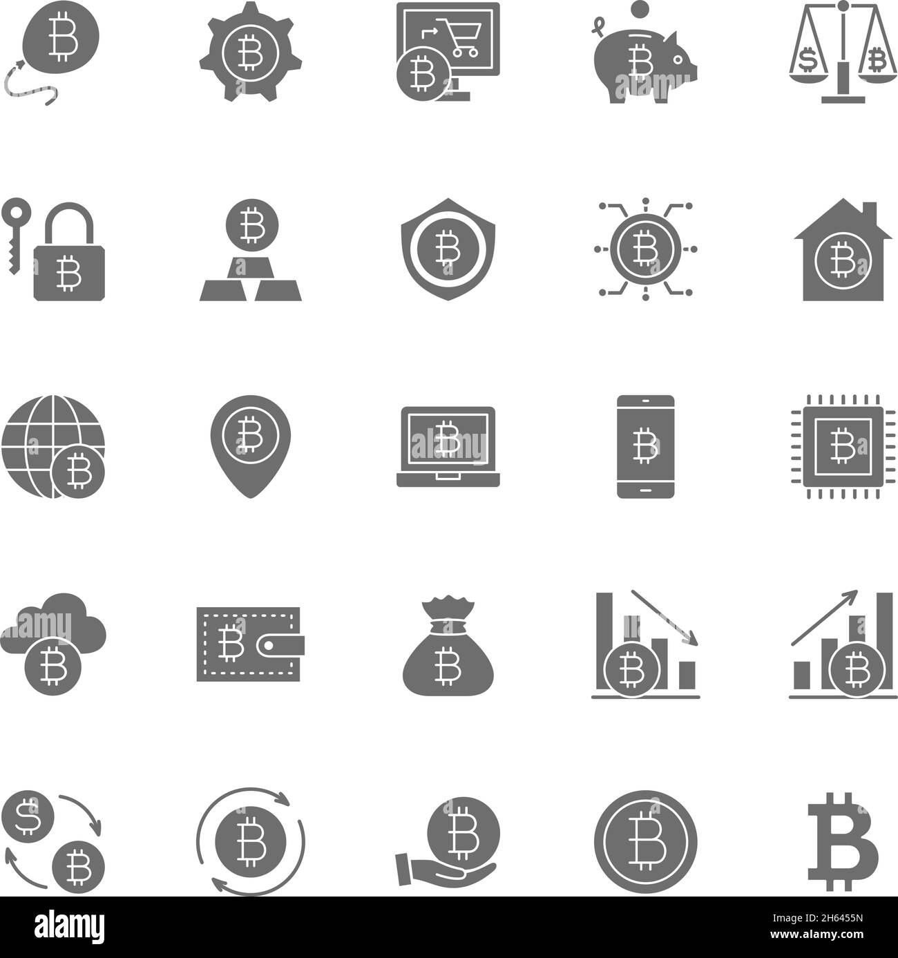 Set di icone Bitcoin e Cryptocurrency Grey. Confezione di icone 48x48 pixel Illustrazione Vettoriale