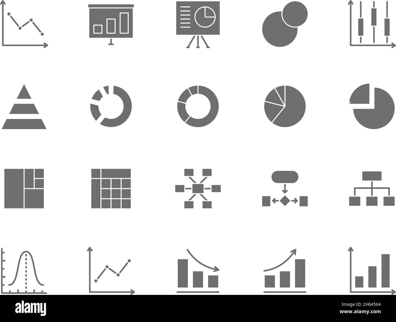 Set di icone Graph (grafico) e Gray (grafico grigio). Grafico a torta, statistiche, presentazione e altro ancora. Illustrazione Vettoriale