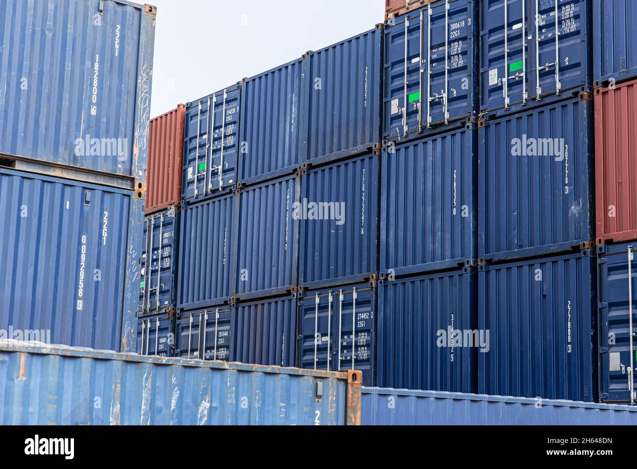 container sito nel porto cargo cantiere attendere per importazione esportazione logistica di spedizione Foto Stock