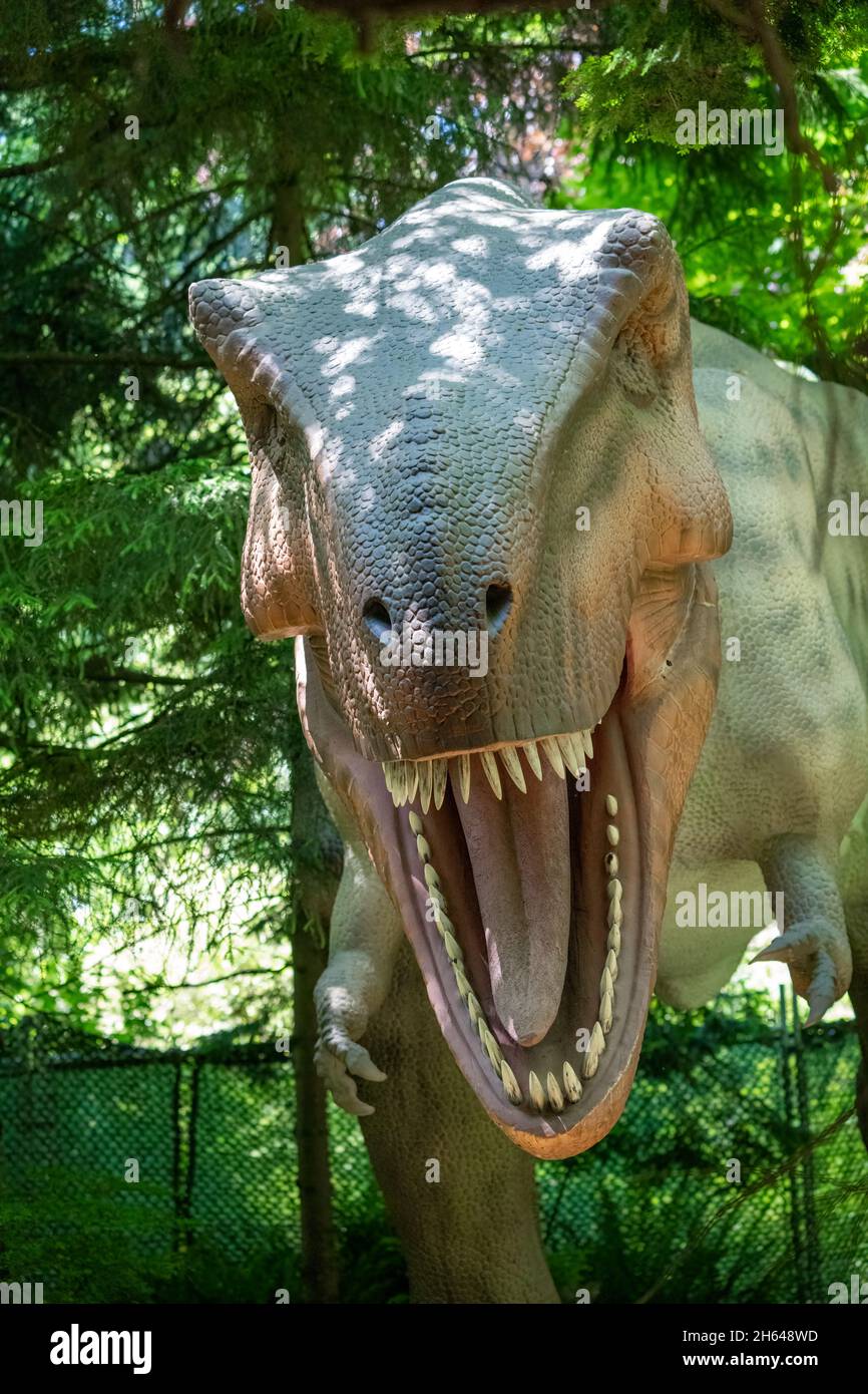 Seattle, Washington, Stati Uniti. Mostra di dinosauri Tyrannosaurus rex allo zoo Woodland Park. Foto Stock
