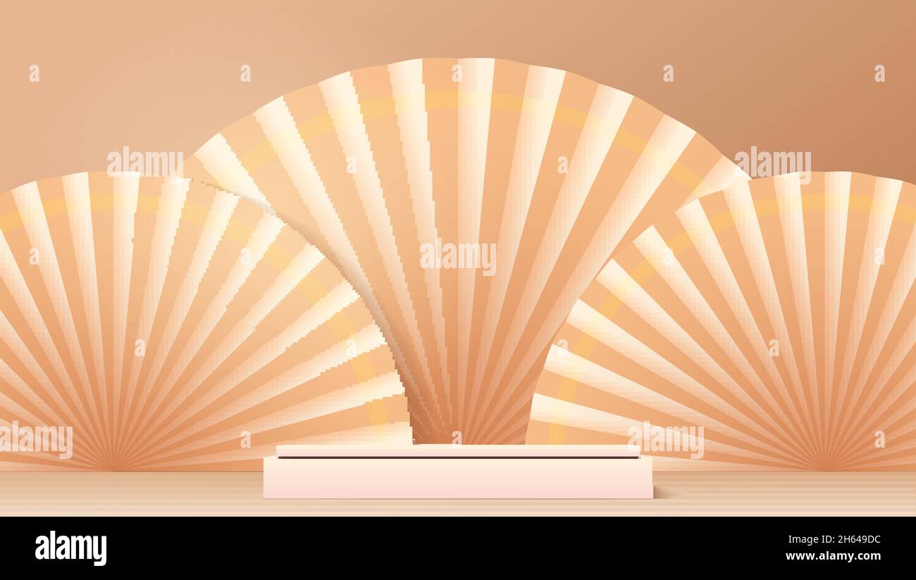 Studio per la visualizzazione di prodotti cosmetici. Sfondo in stile origami. Fan sullo sfondo. Colore della pelle. Tema monocromatico. Illustrazione Vettoriale