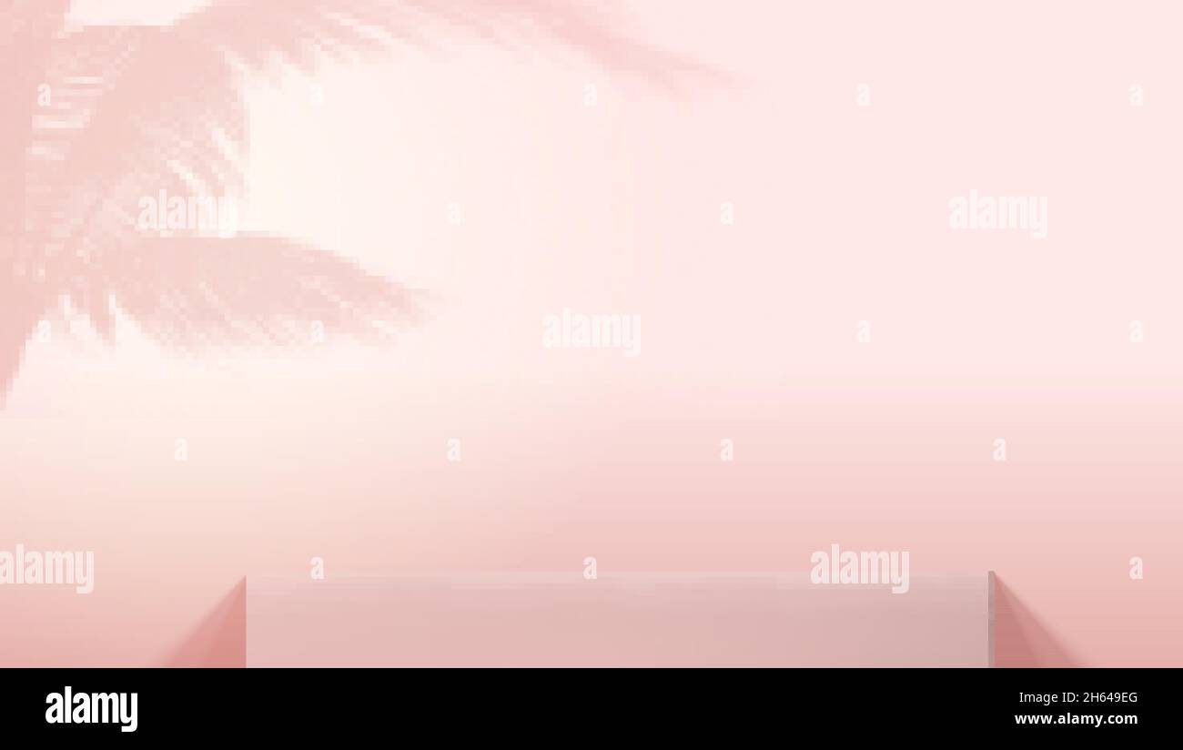 Background design con podio per la presentazione del prodotto. Colore rosa. Ombra di palma sul muro. Beffa per le mostre. Illustrazione Vettoriale