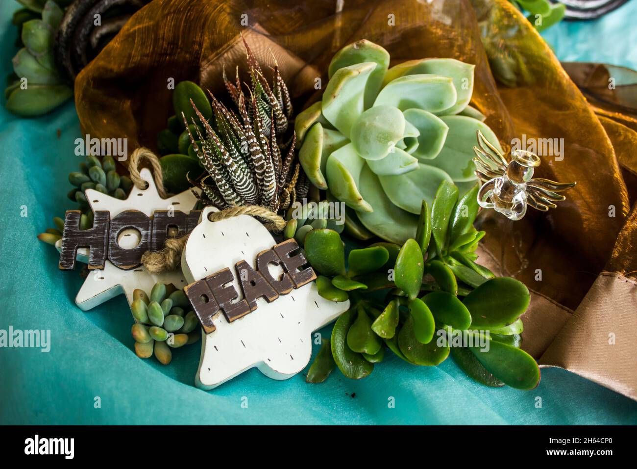 Centro estivo natalizio, con decorazioni natalizie e succulenti su lucidi tessuti turchesi e bronzei. Foto Stock