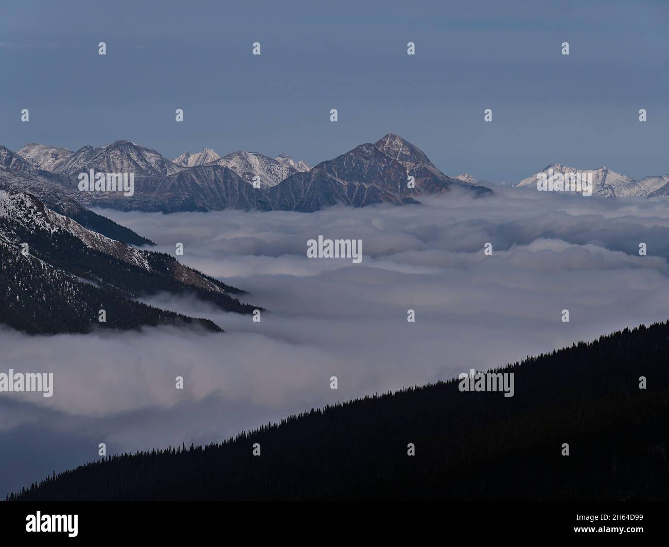 Vista mozzafiato delle Montagne Rocciose vicino a Jasper, Alberta, Canada, con la montagna della Piramide sopra un mare di nuvole e le sagome della foresta di conifere. Foto Stock