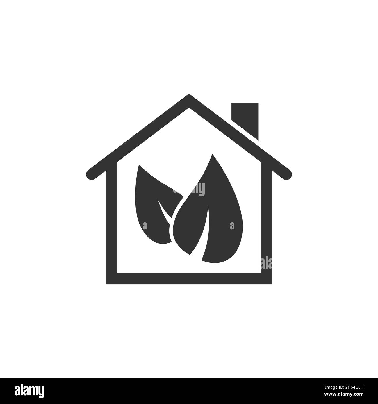 Casa con icona a foglia in stile appartamento. Illustrazione vettoriale del giardino dei fiori su sfondo bianco isolato. Ecologia segno business concetto. Illustrazione Vettoriale