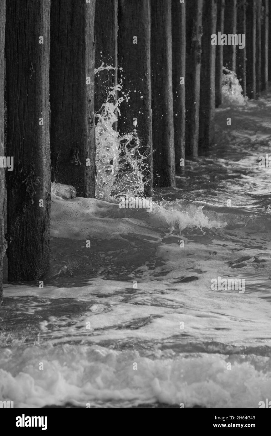 Scatto verticale in scala di grigi di pieri di legno nel mare ondulato Foto Stock