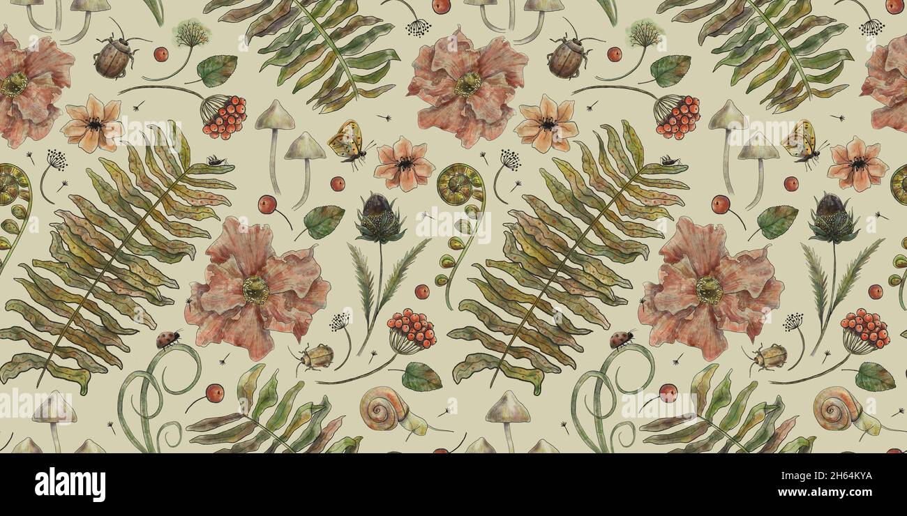 Modello botanico vintage. Sfondo foresta con farfalle, coleotteri, erbe, felce, fiori. Elementi acquerello. Disegno a mano Foto Stock
