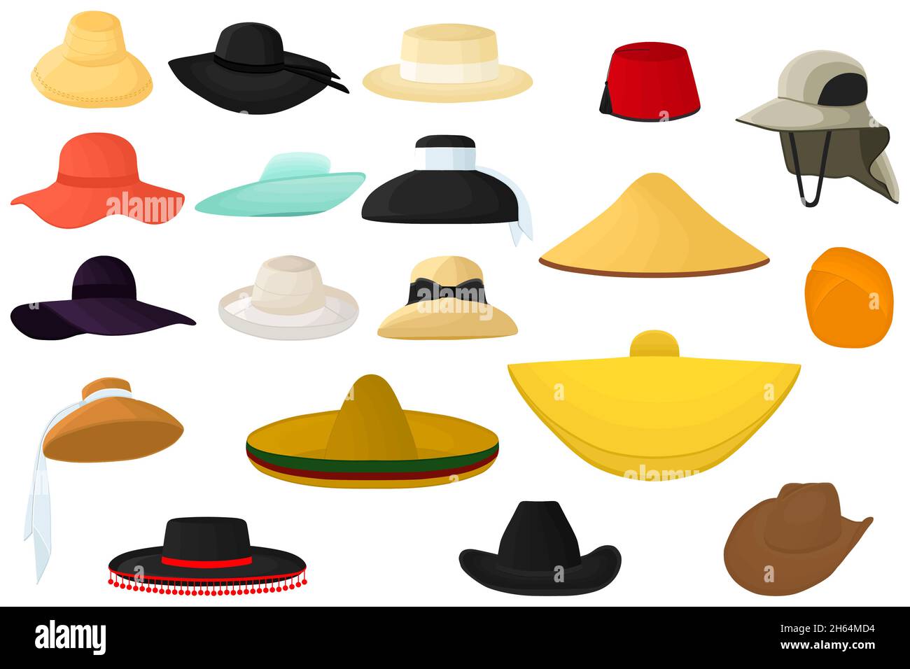 Illustrazione sul tema grande kit diversi tipi di cappelli, bella caps su sfondo bianco. Modello di tappi costituito da una collezione di vari cappelli da indossare Illustrazione Vettoriale