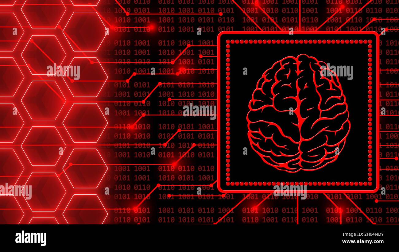 Brain symbol in frame - sfondo astratto di codice binario a 4 cifre dietro le informazioni che collegano linee ed elementi a nido d'ape - simbolico dell'intelligenza artificiale Foto Stock