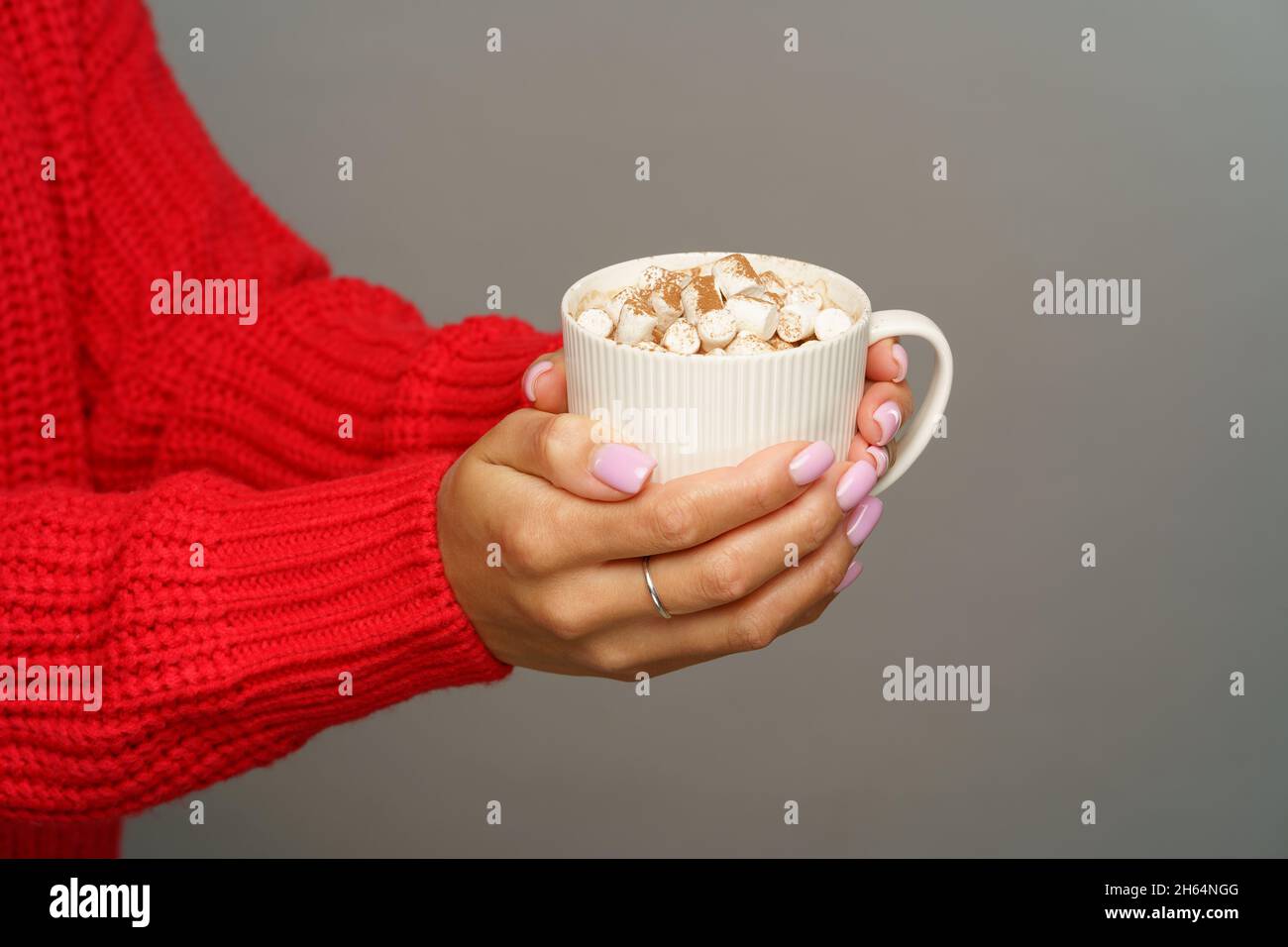 Gustatevi cioccolata calda o cacao con marshmallows: Tazza da presa femminile con bevanda calda invernale o autunnale Foto Stock