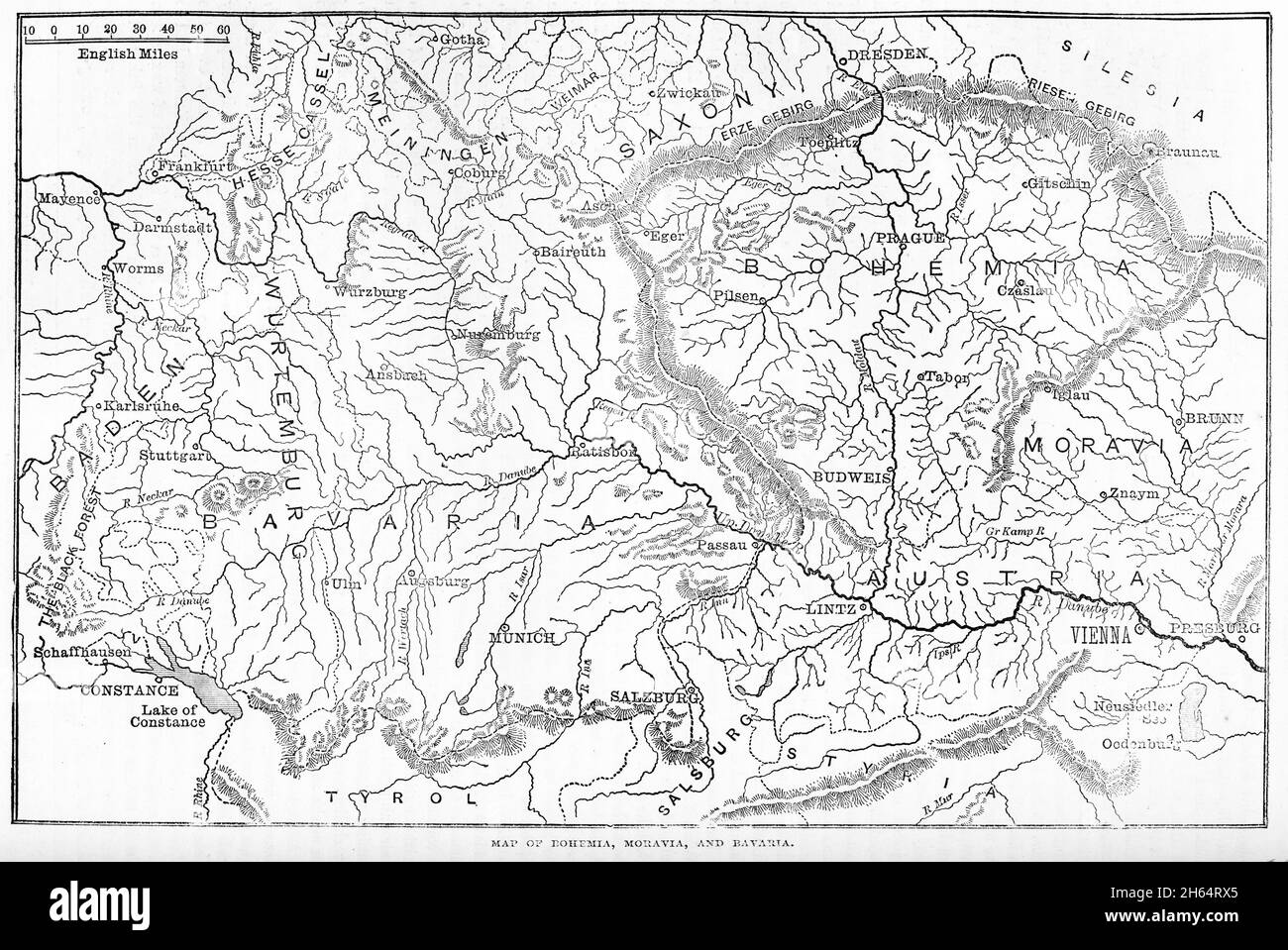 mappa della Boemia, della Moravia e della Baviera durante il 1400 Foto Stock