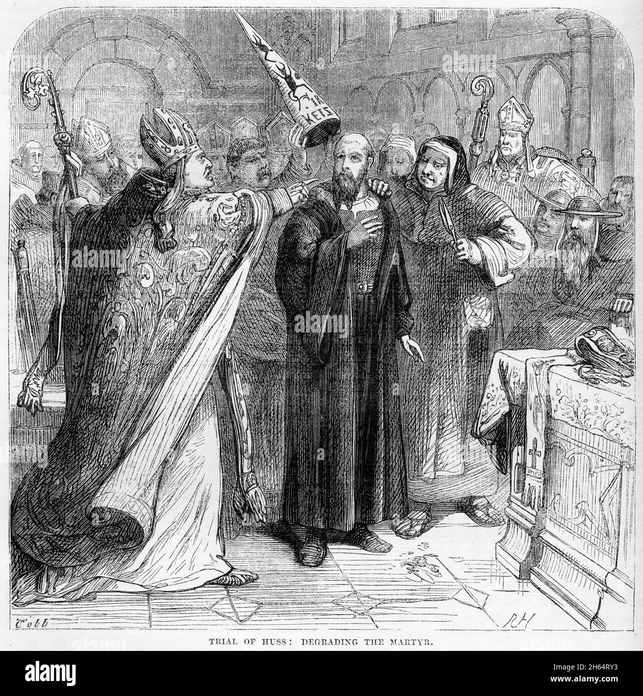 Incisione di Jan Hus (1372 – 1415) che viene deriso al suo processo da parte del clero cattolico. Hus era un teologo e filosofo ceco che divenne un riformatore della Chiesa e l'ispirazione dell'Hussitismo, un predecessore chiave del protestantesimo e una figura seminale nella riforma Boema. Foto Stock