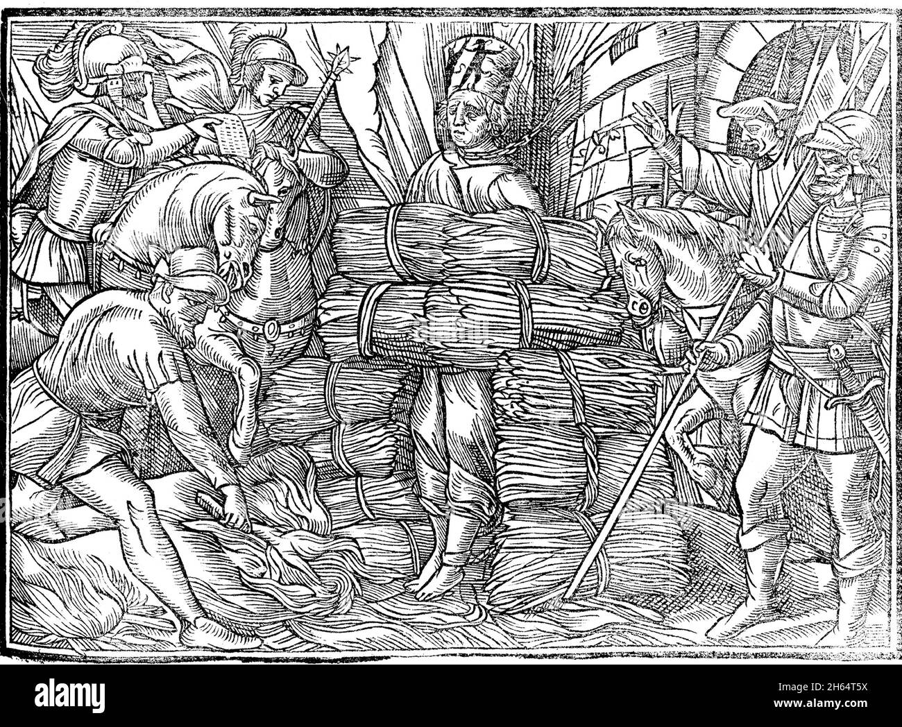 Incisione dell'esecuzione di Jan Hus (1372 – 1415) teologo e filosofo ceco che divenne un riformatore della Chiesa e l'ispirazione dell'Hussitismo, un predecessore chiave del protestantesimo e una figura seminale nella riforma boema. Foto Stock