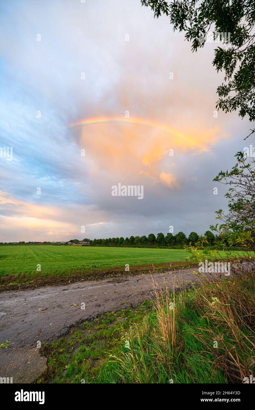 Parte colorata e luminosa di un arcobaleno su una strada di campagna nei campi Foto Stock