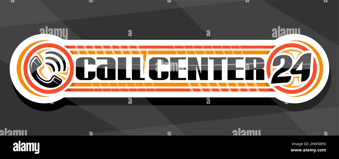 Banner vettoriale per Call Center, titolo decorativo bianco con illustrazione di cerchi rossi e arancioni, scritta a pennello unica per le parole call center 24, IS Illustrazione Vettoriale