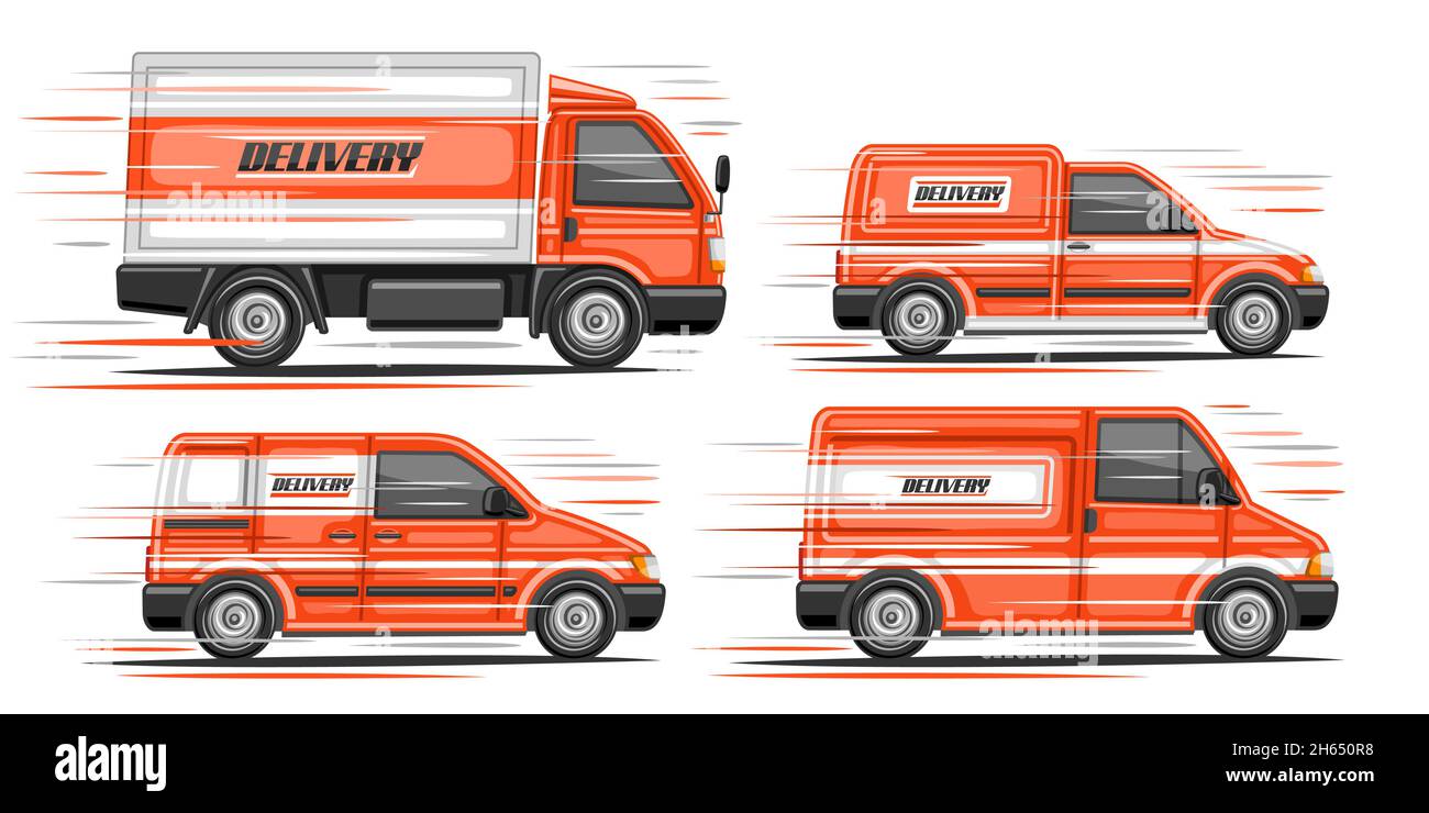 Set vettoriale di furgoni di consegna, collezione di 4 illustrazioni ritagliate furgone commerciale arancione mobile con consegna di parole sulla vista laterale, set di diversi carrelli Illustrazione Vettoriale