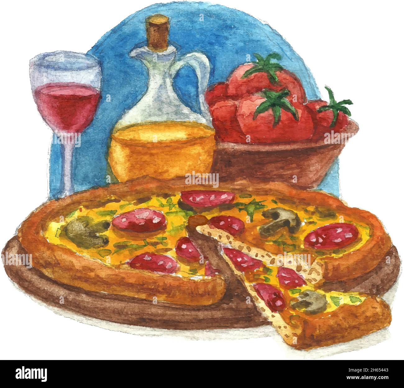 Acquerello stilizzato Illustrazione della pizza con pomodori e bicchiere di vino Illustrazione Vettoriale