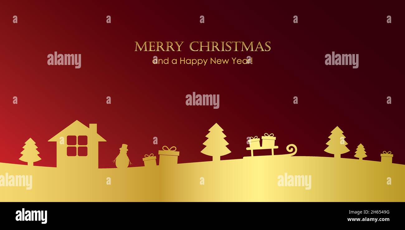 golden christmas border con abeti casa cervo e regalo paesaggio Illustrazione Vettoriale