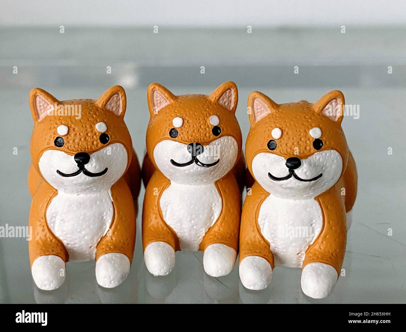 San Diego, CA 10-29-21 Gruppo di cani carini in porcellana Shiba Inu su una mensola Foto Stock