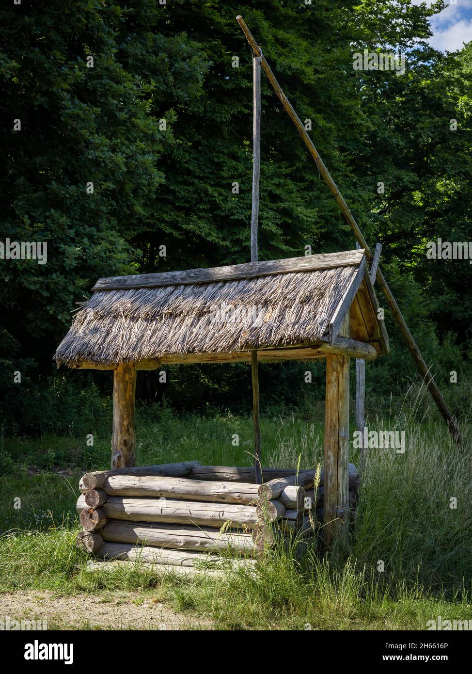 Un vecchio pozzo di legno. Riserva archeologica di Bedkowice, Sobotka, Polonia. Foto Stock