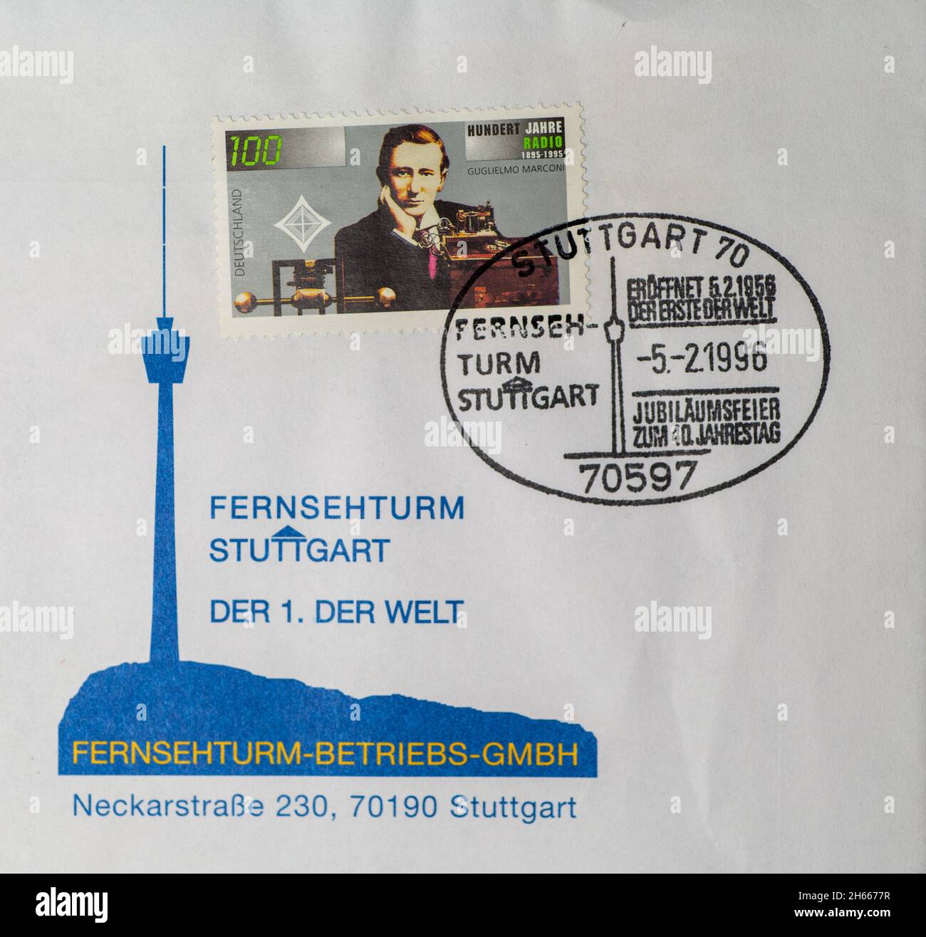 GERMANIA - CIRCA 1995: Il timbro postale mostra un ritratto di Guglielmo Marconi in occasione di 100 anni di radio Foto Stock