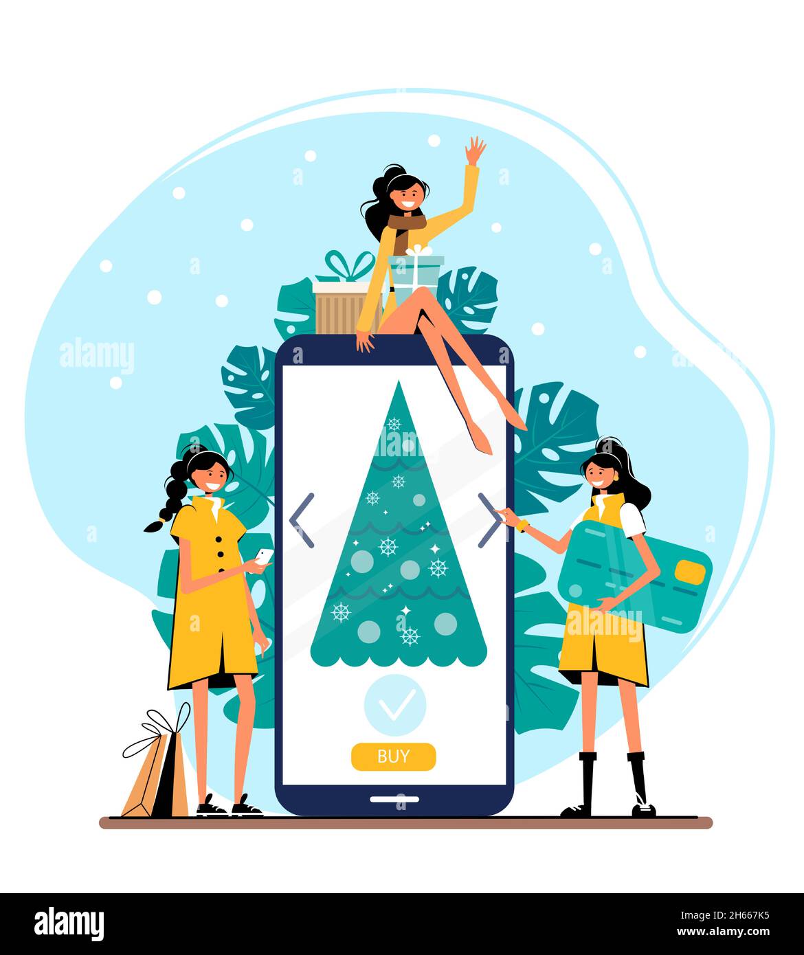 Serie di affari, negozio in linea di Natale - concetto moderno di illustrazione vettoriale piatta delle donne che acquistano. Interazione con il sito Web - processo di acquisto. Illustrazione Vettoriale