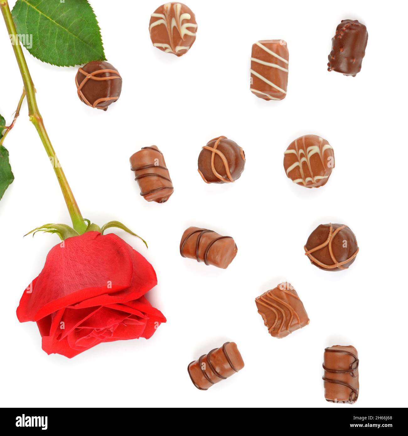 Assortimento di caramelle al cioccolato e rosa rossa isolato su sfondo bianco. Disposizione piatta, vista dall'alto. Foto Stock