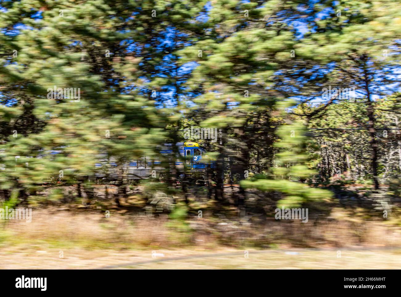 Il treno della ferrovia di Long Island si muove rapidamente attraverso il tratto di Napeague, Amagansett, NY Foto Stock