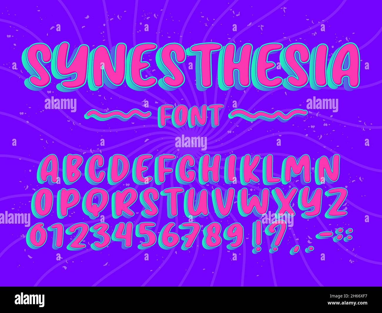 Alfabeto psichedelico. Numeri, segni matematici, accenti, virgole, punti, fine, punto e virgola, punto esclamativo e punto interrogativo. Completamente modificabile e ben organizzato Illustrazione Vettoriale