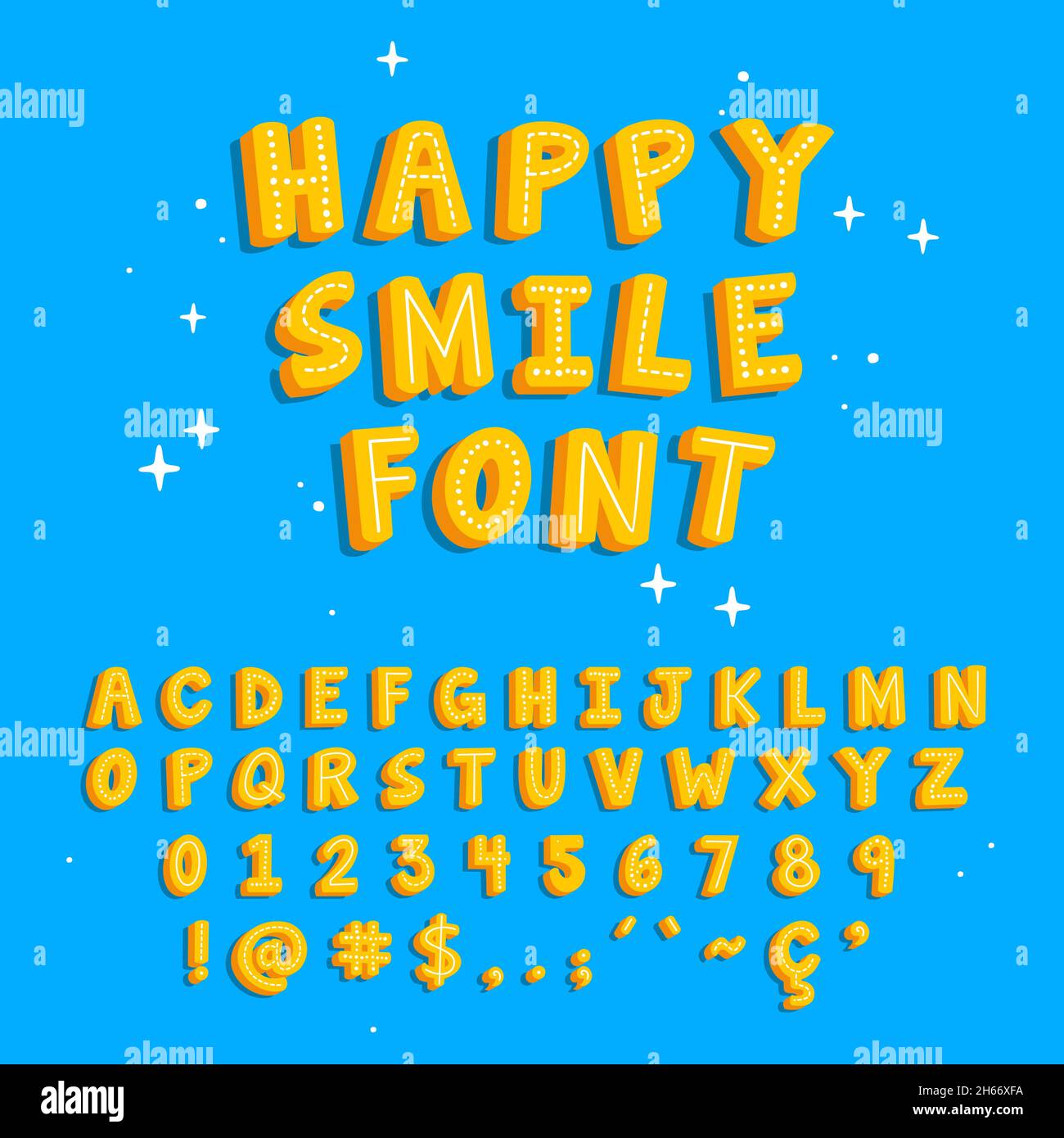 Lettere felici disegnate a mano. Numeri, segni matematici, accenti, virgole, punti, fine, punto e virgola, punto esclamativo e punto interrogativo. Completamente modificabile e ben organo Illustrazione Vettoriale
