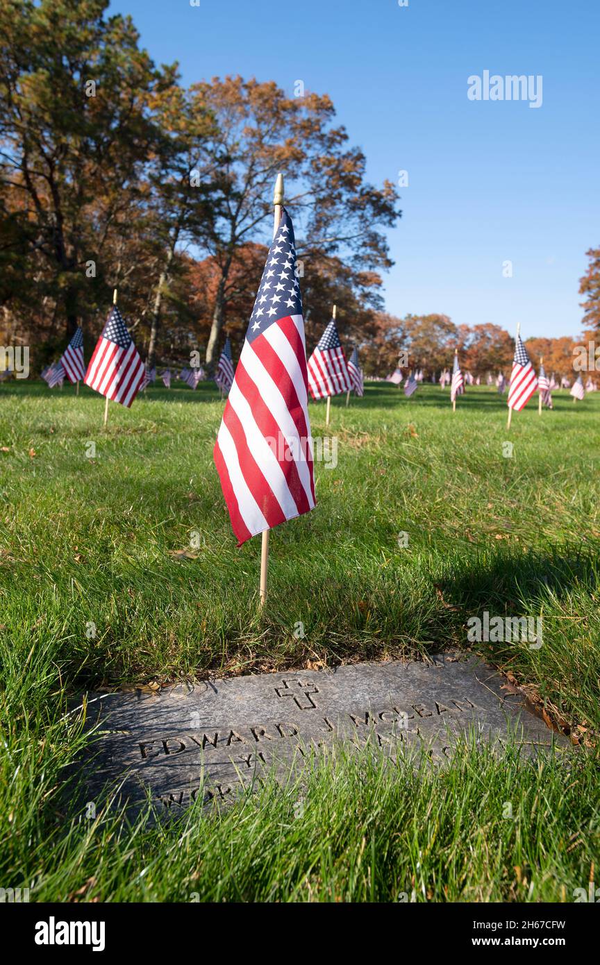 Veterans Day Flags su ogni tomba al Massachusetts National Cemetary a Bourne, Massachusetts a Cape Cod, USA Foto Stock