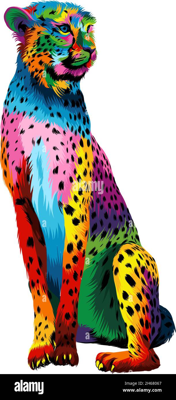 Ghepardo da pitture multicolore. Spruzzi di acquerello, disegno colorato, realistico. Illustrazione vettoriale di vernici Illustrazione Vettoriale
