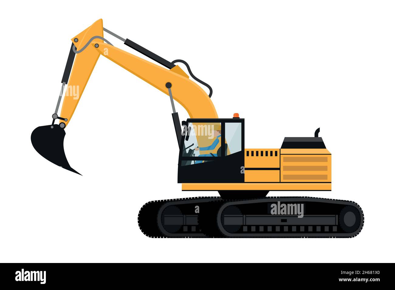 Design dell'escavatore cingolato con driver per macchinari pesanti Illustrazione Vettoriale
