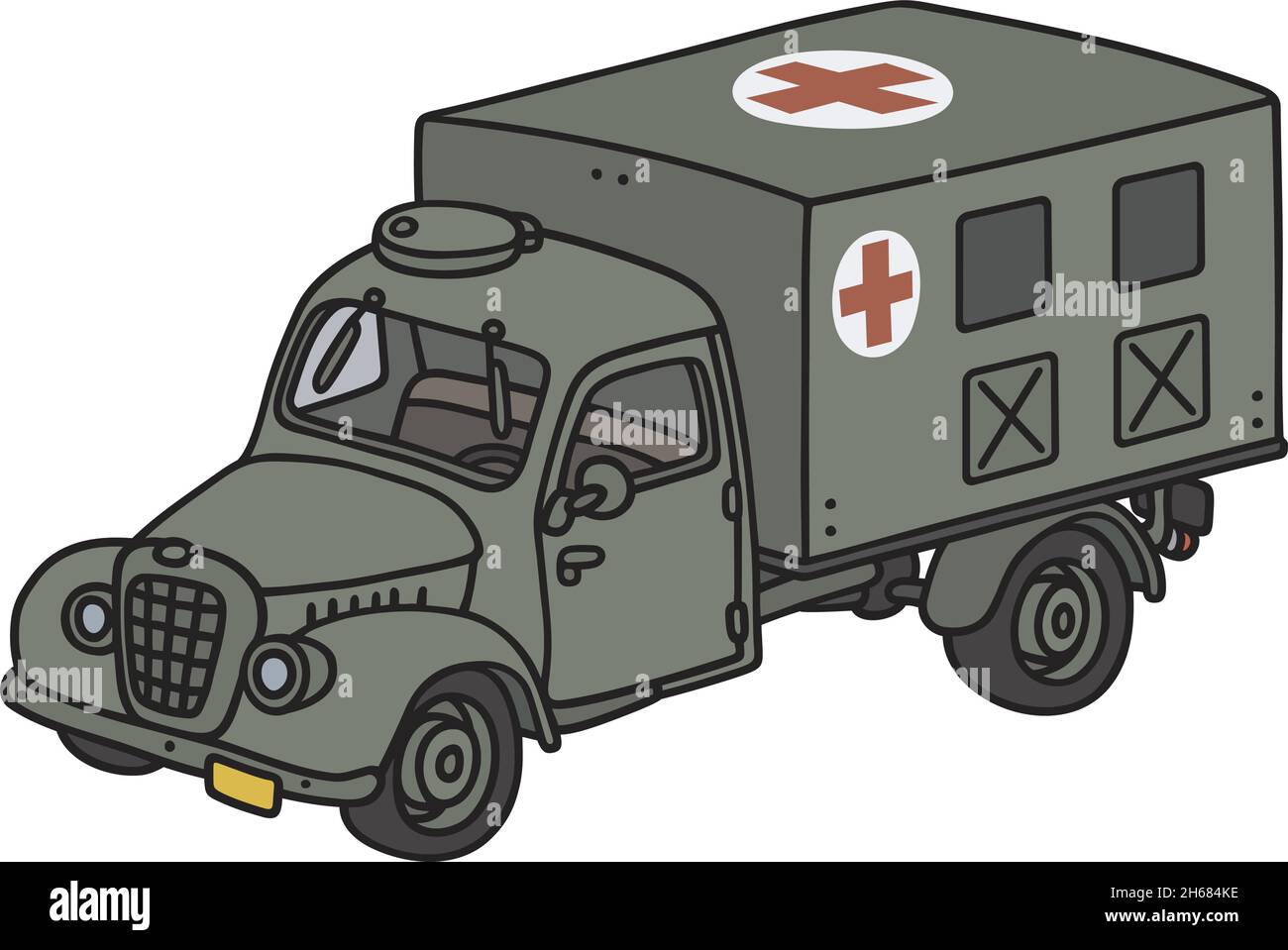 Il disegno a mano vettorizzato di un'ambulanza militare retrò Illustrazione Vettoriale