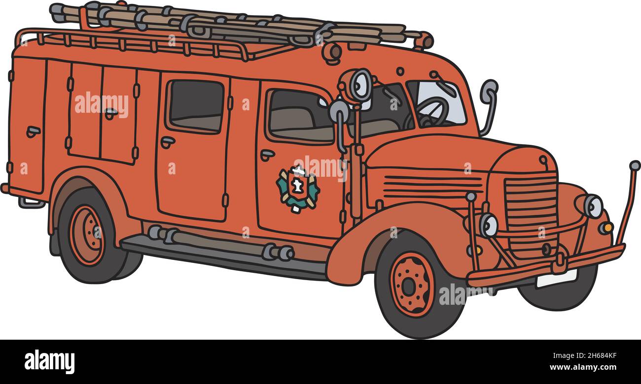 Il disegno a mano vettorizzato di un classico camion da fuoco Illustrazione Vettoriale
