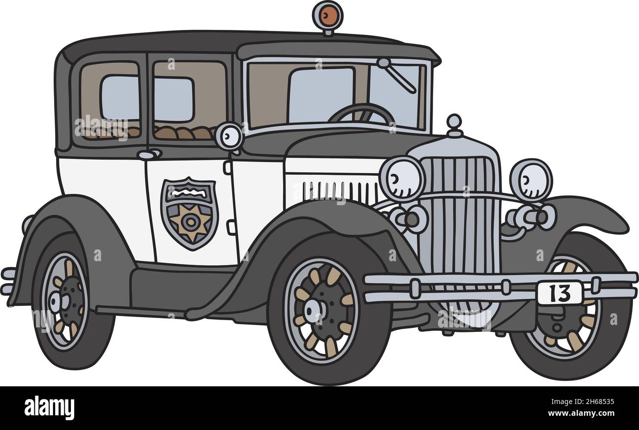 Il disegno a mano vettorizzato di un'auto della polizia d'epoca Illustrazione Vettoriale