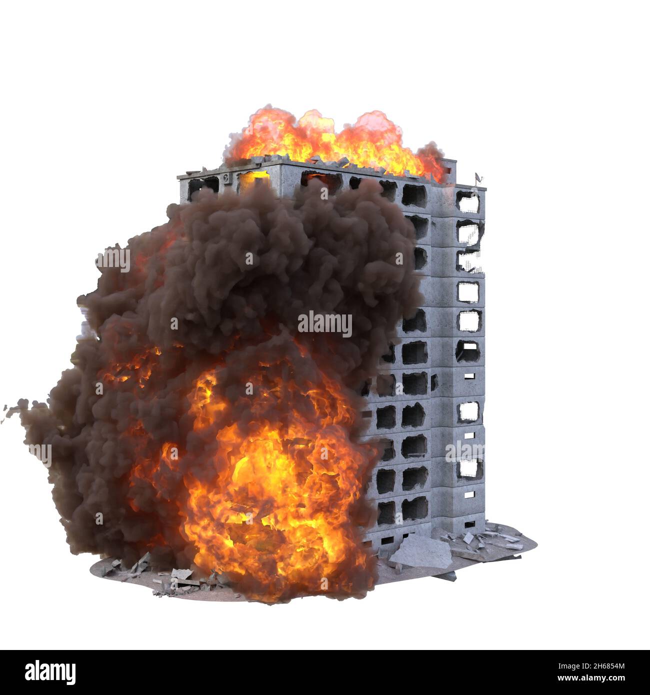 Illustrazione 3D rovinato edificio in fiamme isolate su bianco Foto Stock