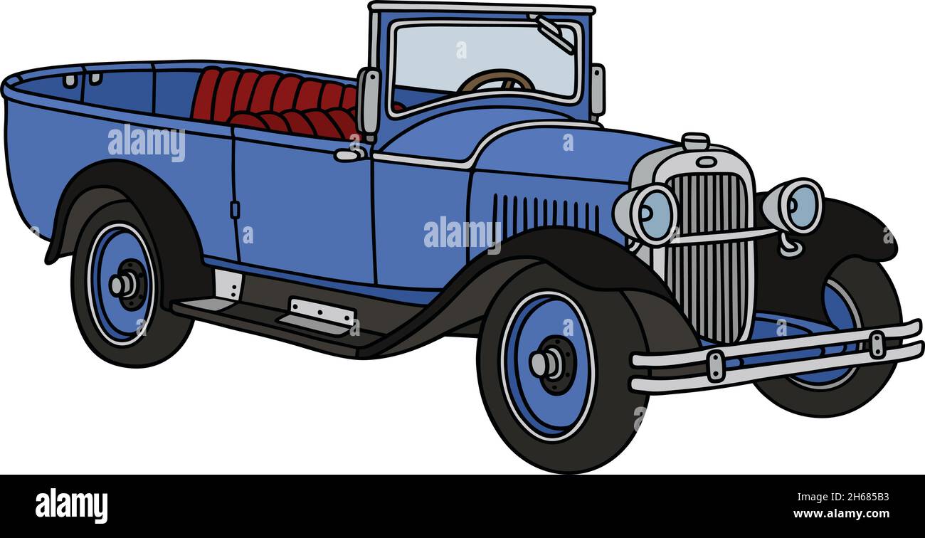 Il disegno a mano vettorizzato di un'auto d'epoca blu aperta Illustrazione Vettoriale