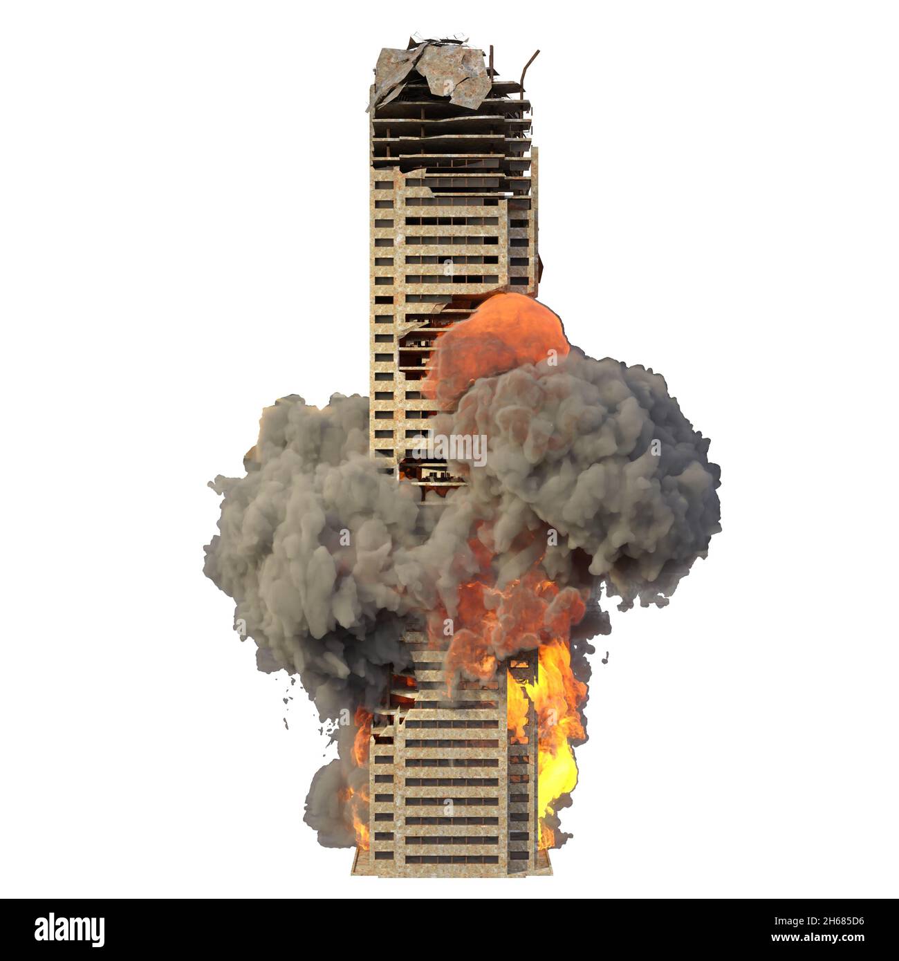 Illustrazione 3D rovinato edificio in fiamme isolate su bianco Foto Stock