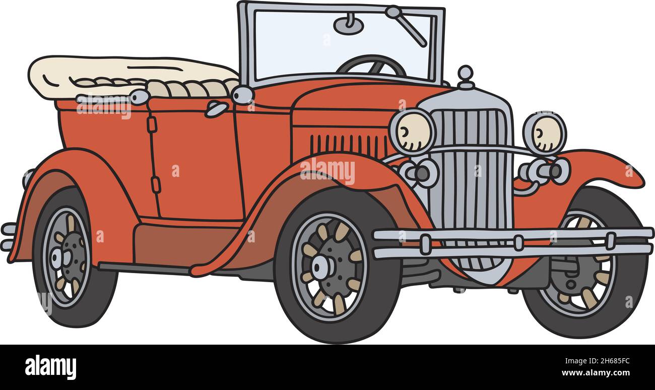 Il disegno a mano vettorizzato di un rosso vintage convertibile Illustrazione Vettoriale