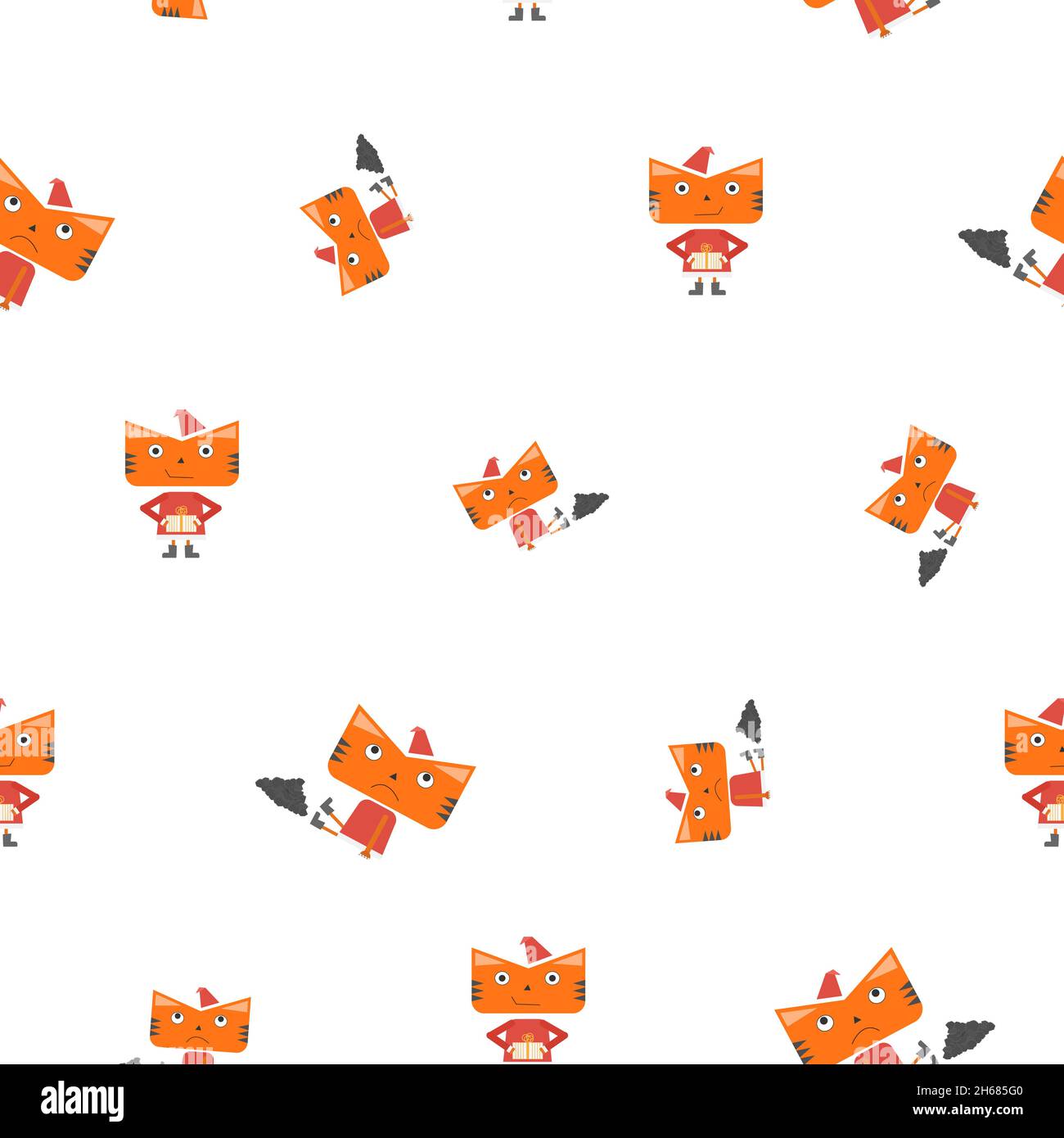 Modello di gatto di natale o carattere tigre in arancione con tutte le emozioni, con cappello di natale e carbone. Simbolo dell'anno 2022. Icona. Isolato su a. Illustrazione Vettoriale