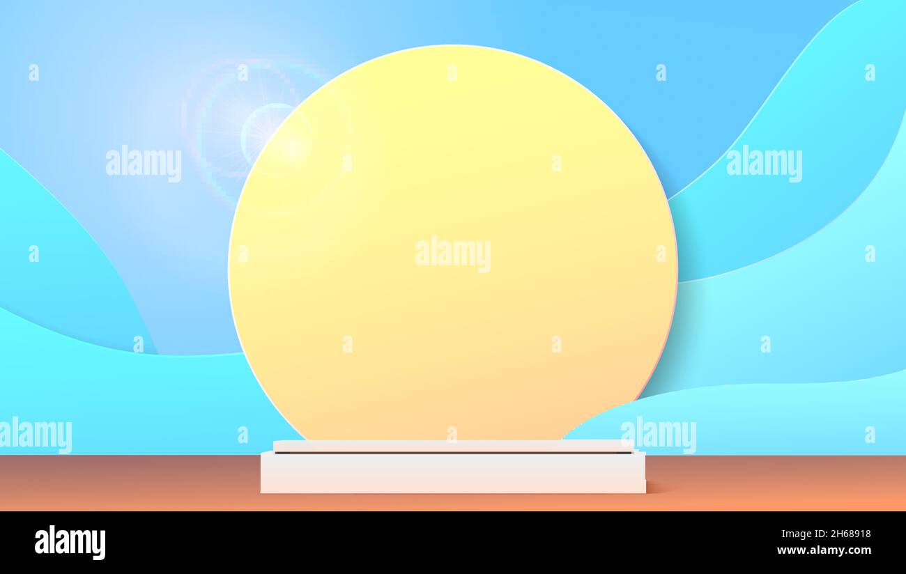 Studio per la visualizzazione di prodotti cosmetici. Sfondo blu in stile carta. Forma ondulata e cerchio giallo sullo sfondo. Illustrazione Vettoriale