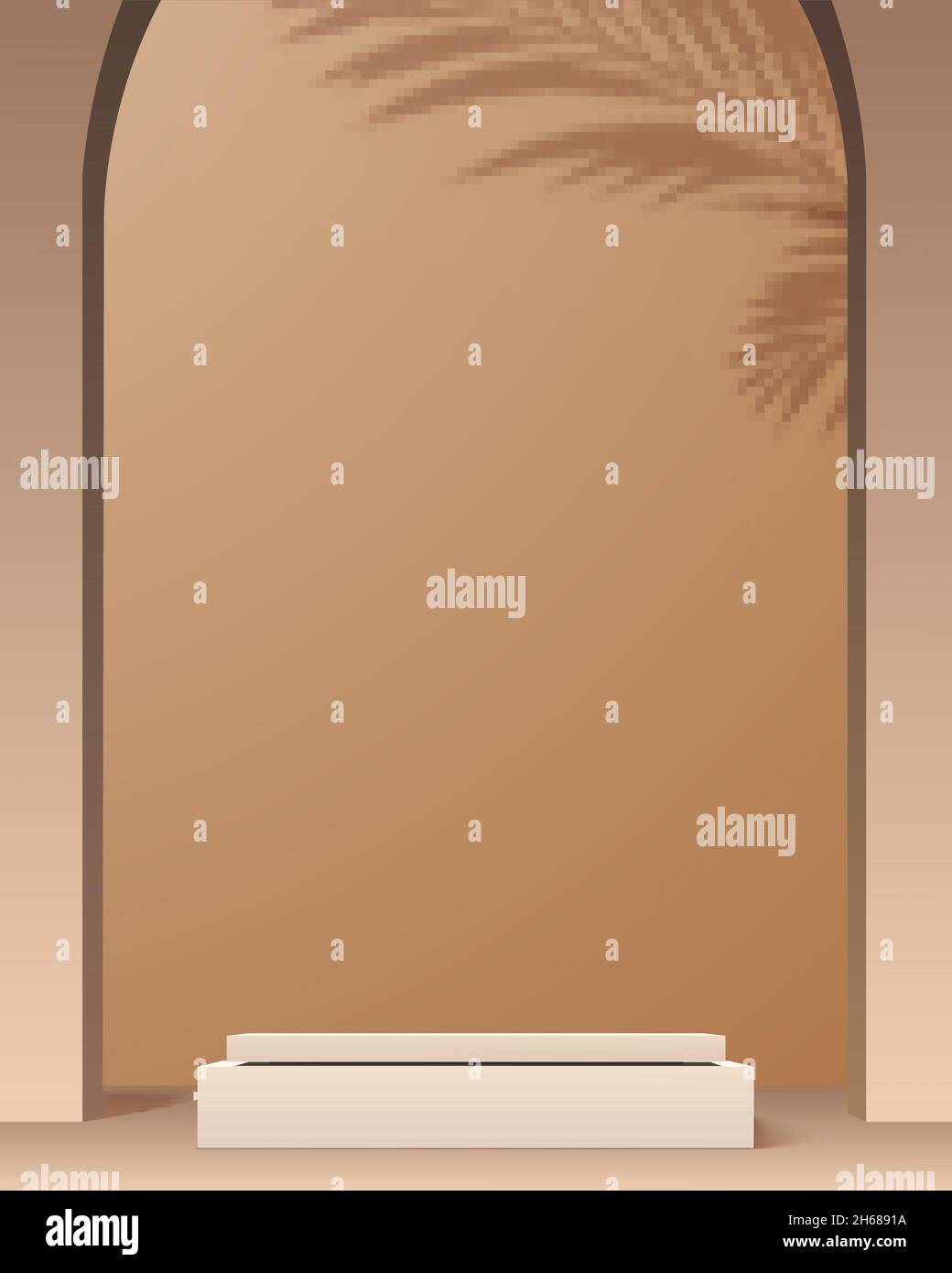 Podio del display del prodotto. Arco e ombra di foglia di palma sullo sfondo. Sfondo beige per o presentazione dei prodotti. Illustrazione Vettoriale