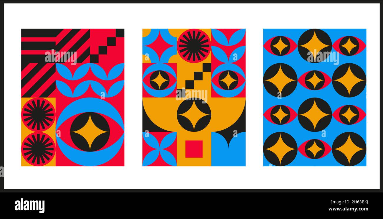 Design geometrico Bauhaus con elementi per gli occhi. Forme e forme primitive moderne. Poster vettoriali, copertine, striscioni. Illustrazione Vettoriale