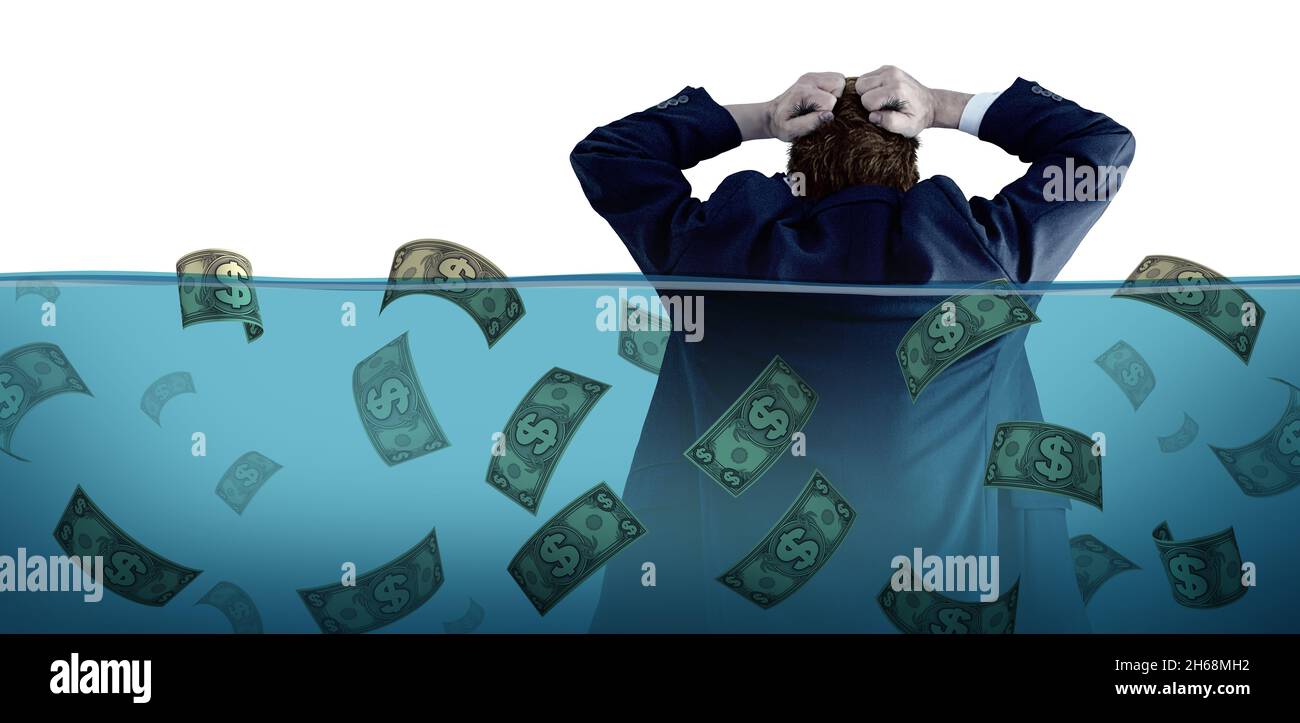 Annegando in perdita finanziaria e debito e mantenendo la vostra testa finanziaria sopra l'acqua con un uomo d'affari che affonda in acqua come simbolo del commercio. Foto Stock